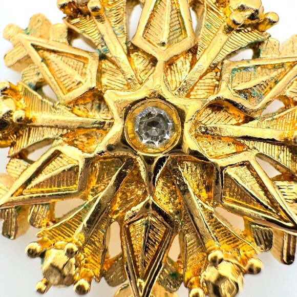 Gold Snowflake Pendant Clear Crystal Center 1 3/8 Inches Elegant Jewelry Design - Picture 2 of 6